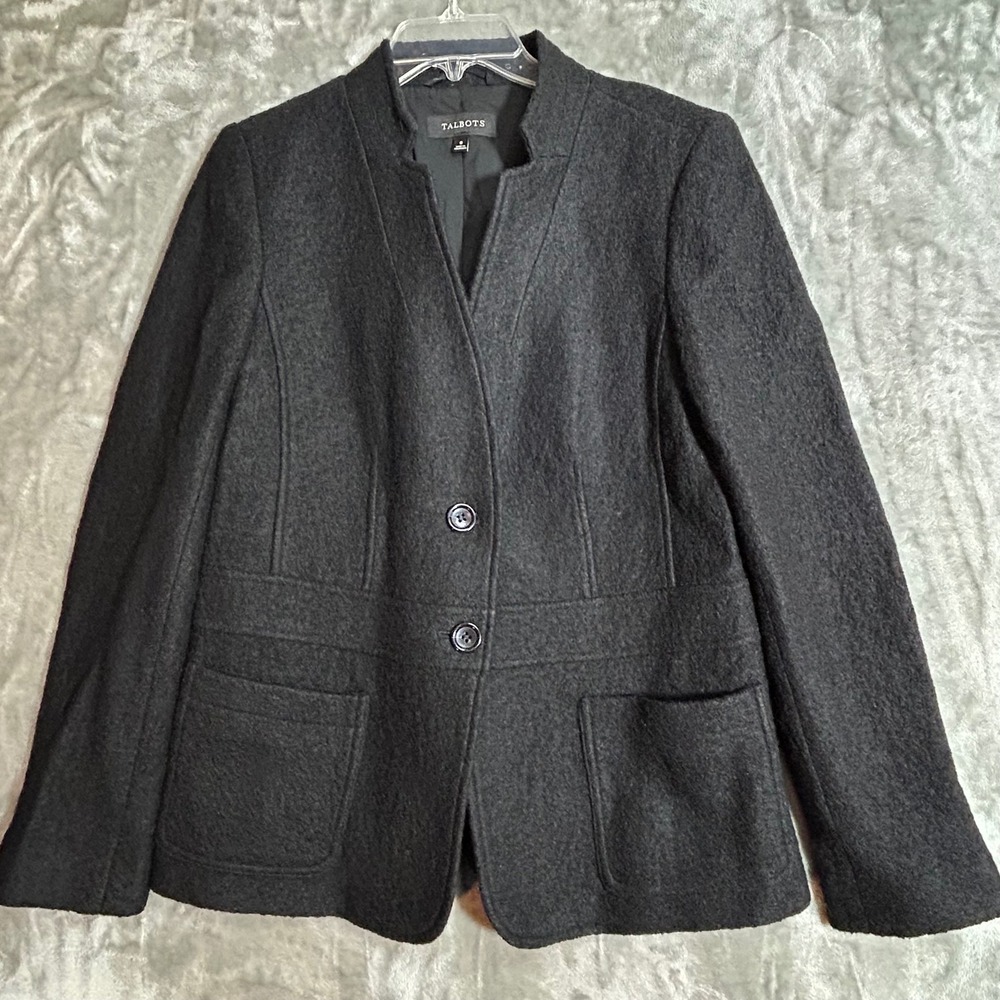 Talbots Womens Size 8 Charcoal Grey Boiled Wool Blend Stand Collar Blazer Jacket